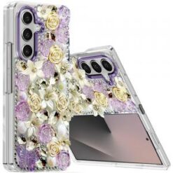 Samsung Z Fold 7 Muti-Color Rose Bling Stones Ornaments Case - Purple