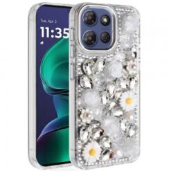 Moto G Stylus 5G 2026/2025 Spectacular Full Bling Stones Glitter HQ Hybrid Floral Series - White