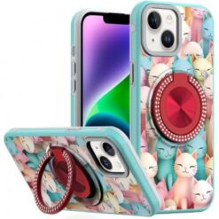 iPhone 13/14 Metal Diamond CD Pattern Design Matte Finished Hybrid with Rotational Ring [Car Mou