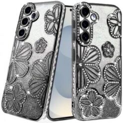 Samsung s26 Plus Shimmer Glitter Floral Design Thick TPU Case Cover - Black