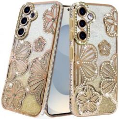 Samsung s26 Plus Shimmer Glitter Floral Design Thick TPU Case Cover - Gold
