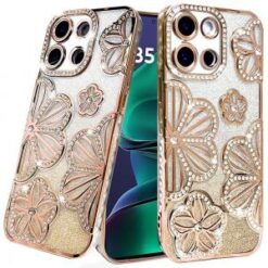 Motorola Moto G Stylus 5G (2026/2025) Shimmer Glitter Floral Design Thick TPU Case Cover - Gold