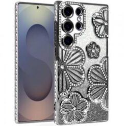 Samsung s26 Ultra Shimmer Glitter Floral Design Thick TPU Case Cover - Black