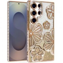 Samsung s26 Ultra Shimmer Glitter Floral Design Thick TPU Case Cover - Gold