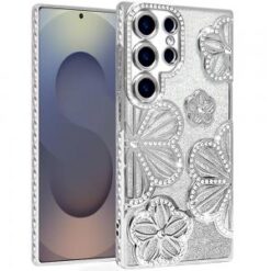 Samsung s26 Ultra Shimmer Glitter Floral Design Thick TPU Case Cover - Silver