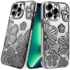 iPhone 13 Pro Shimmer Glitter Floral Design Thick TPU Case Cover - Black