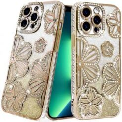 iPhone 13 Pro Shimmer Glitter Floral Design Thick TPU Case Cover - Gold