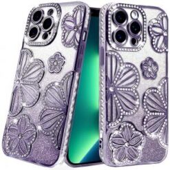 iPhone 13 Pro Shimmer Glitter Floral Design Thick TPU Case Cover - Purple