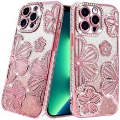 iPhone 13 Pro Shimmer Glitter Floral Design Thick TPU Case Cover - Rose Gold