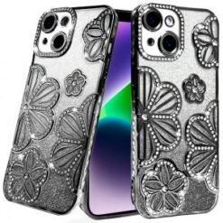 iPhone 13/14 Shimmer Glitter Floral Design Thick TPU Case Cover - Black