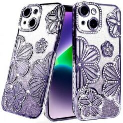 iPhone 13/14 Shimmer Glitter Floral Design Thick TPU Case Cover - Purple