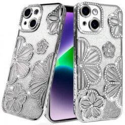 iPhone 13/14 Shimmer Glitter Floral Design Thick TPU Case Cover - Silver