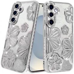 Samsung s26 Shimmer Glitter Floral Design Thick TPU Case Cover - Silver