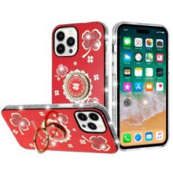 iPhone 13/14 Splendid Glitter with Diamonds All Around Edges Ring Stand Case Cover - Red