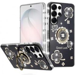 Samsung s26 Ultra Splendid Glitter with Diamonds All Around Edges Ring Stand Case Cover - Black