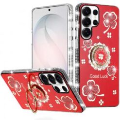 Samsung s26 Ultra Splendid Glitter with Diamonds All Around Edges Ring Stand Case Cover - Red