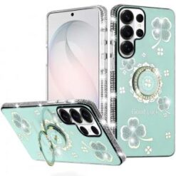 Samsung s26 Ultra Splendid Glitter with Diamonds All Around Edges Ring Stand Case Cover - Teal