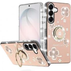 Samsung s26 Splendid Glitter with Diamonds All Around Edges Ring Stand Case Cover - Gold