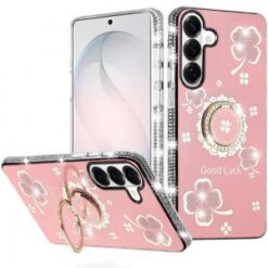 Samsung s26 Splendid Glitter with Diamonds All Around Edges Ring Stand Case Cover - Pink