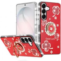 Samsung s26 Splendid Glitter with Diamonds All Around Edges Ring Stand Case Cover - Red