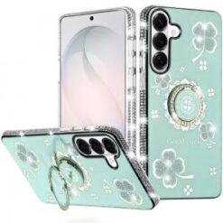 Samsung s26 Splendid Glitter with Diamonds All Around Edges Ring Stand Case Cover - Teal