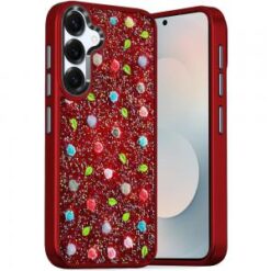 Samsung s26 Stick-On Embedded Glass Diamonds of Colorful Floral Arrangement HQ Hybrid Case - Red
