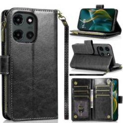 Moto G Stylus 5G 2026/2025 Luxury Wallet Card ID Zipper Money Holder Case Cover - Black