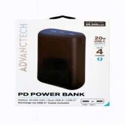 ADVANCTECH [20W FAST 3-PORT POWER BANK] (20000MAH USB-C - 2 USB-A BLACK) - PD FAST CHARGE CABLE INCL