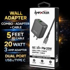 COMBO WALL ADAPTER - CABLE (20W DUAL PORT PD-TypeC - USB 5FT Cable BLACK) - QC3.0 UL - (LANE A6 ITEM