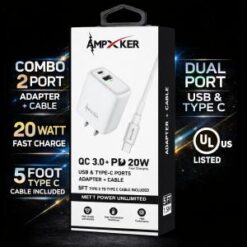 COMBO WALL ADAPTER - CABLE (20W DUAL PORT PD-TypeC - USB 5FT Cable WHITE) - QC3.0 UL Certified - (LA