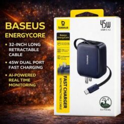 BASEUS 45W DUAL RETRACTABLE ADAPTER WITH CABLE - ENERGYCORE - CJ11 - BLACK (B/C BASEUS 2)