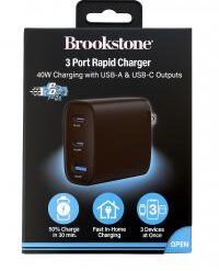 BROOKSTONE [3 PORT WALL CHARGER] (40W USB-A - 2 USB-C BLACK) - FAST CHARGE - (LANE D10 ITEM 21)