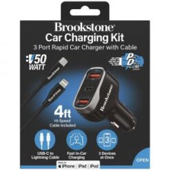 BROOKSTONE [COMBO CAR CHARGER - MFI LIGHTNING CABLE] (3 PORT 50W PD-TypeC - USB-A 4FT BLACK) - FAST