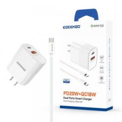 ESEEKGO [COMBO DUAL PORT - WALL CHARGER - TYPE-C CABLE] (20W PD-TypeC - USB-A WHITE 4FT) - FAST CHAR