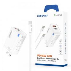 ESEEKGO [COMBO WALL CHARGER - TYPE-C CABLE] (45W PD-TypeC - USB-A QC3.0 GAN WHITE) - FAST CHARGING -