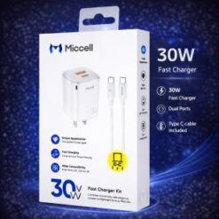 MICCELL [DUAL PORT WALL CHARGER - Cable ] (30W TypeC-TypeC USB-A-TypeC PD-TypeC 1M WHITE) - (LANE D1