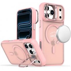 iPhone 17 Pro Max Magnetic Matte Camera Metallic Stand Hybrid Case - Pink