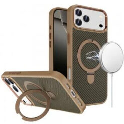 iPhone 17 Pro Max Carbon Design [Magnetic Circle] with Ring Stand Hybrid Case - Brown
