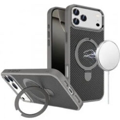 iPhone 17 Pro Max Carbon Design [Magnetic Circle] with Ring Stand Hybrid Case - Gray