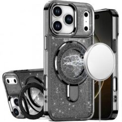 iPhone 17 Pro Max Transparent Glitter Rotaional Magnetic Ring Stand HQ Hybrid - Black