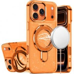 iPhone 17 Pro Max Transparent Glitter Rotaional Magnetic Ring Stand HQ Hybrid - Cosmic Orange