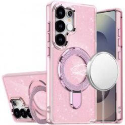 Samsung s26 Ultra Transparent Glitter Rotaional Magnetic Ring Stand HQ Hybrid - Light Pink