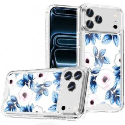 iPhone 17 Pro Max Beautiful TPU Designs Case Case - Blue Leaves and Pink Florals