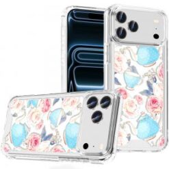 iPhone 17 Pro Max Beautiful TPU Designs Case Case - Pink Roses & Teal Teapots