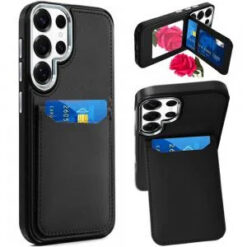 Samsung s26 Ultra Card Holder with Mirror Inside PU Leather Hybrid Case - Black