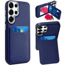 Samsung s26 Ultra Card Holder with Mirror Inside PU Leather Hybrid Case - Dark Blue