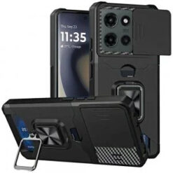 Motorola Edge 2025 Multi-Functional Card Magnetic Ring Stand Hybrid Camera Case Cover - Black