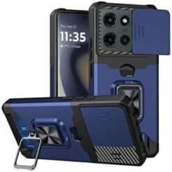 Motorola Edge 2025 Multi-Functional Card Magnetic Ring Stand Hybrid Camera Case Cover - Blue
