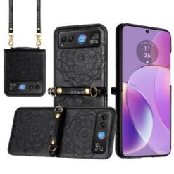 Motorola Razr 2025 2024 Embossed Floral Design Case Cover with Strap - Black