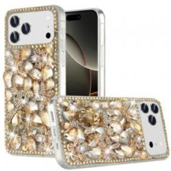 iPhone 17 Pro Max Full Diamond with Ornaments Case Cover - Gold Panda Floral